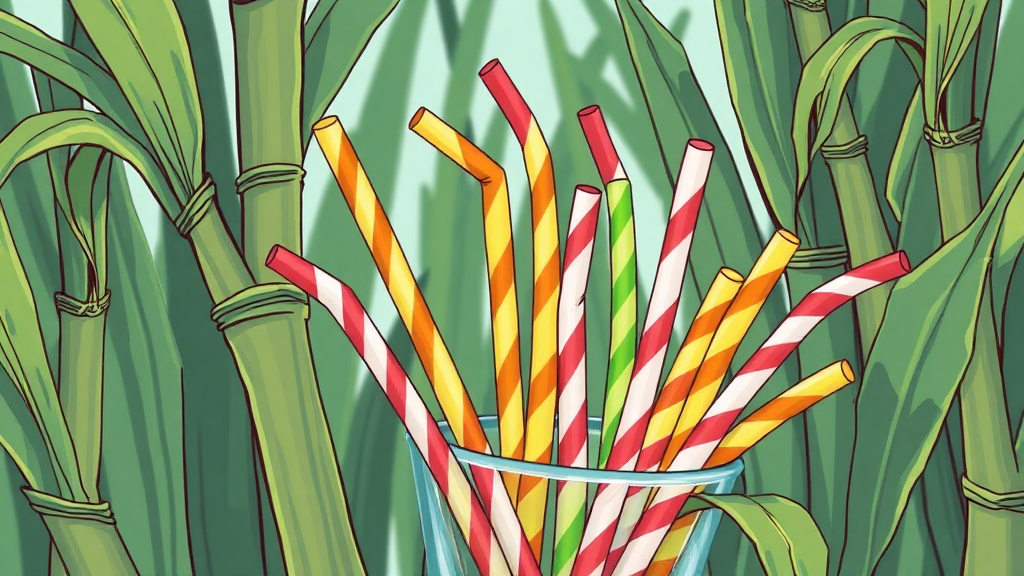 Colorful straws in glass among bamboo plants