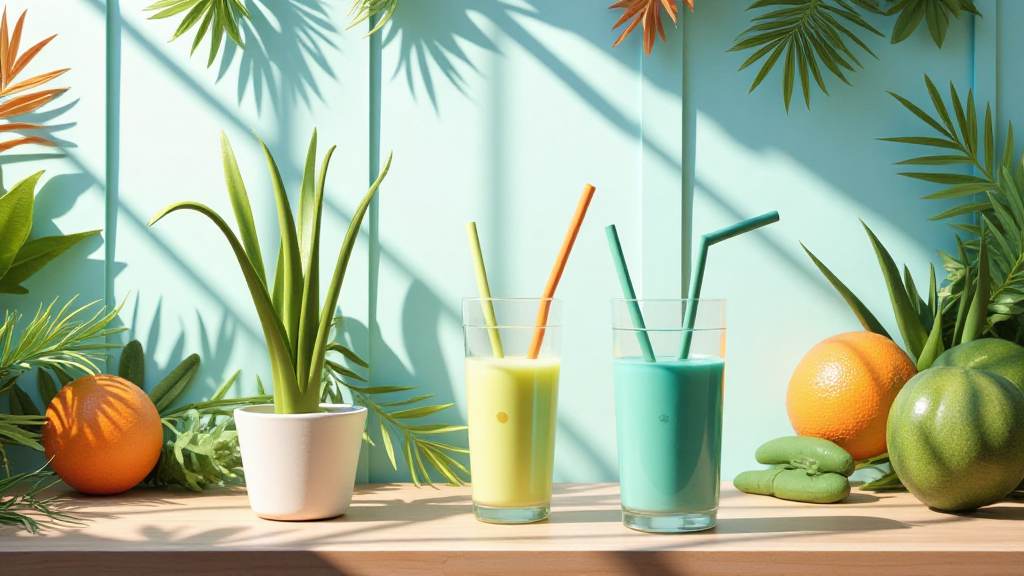 Tropical smoothies with fresh fruits and plants