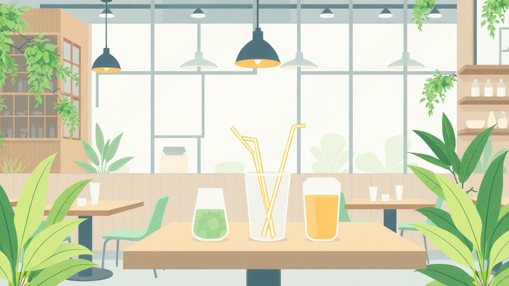 Cozy cafe with green plants and drinks.