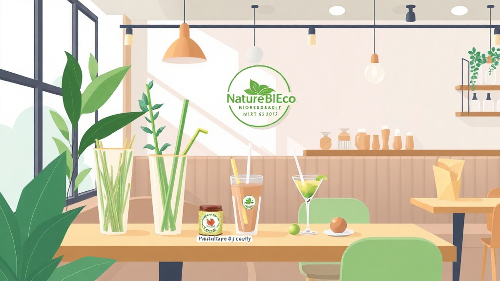 Eco-friendly cafe with plants and glass straws