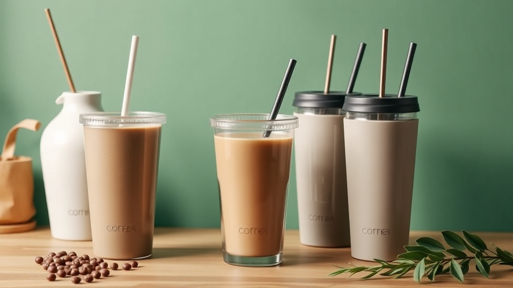 Assorted iced coffee drinks with straws on table.