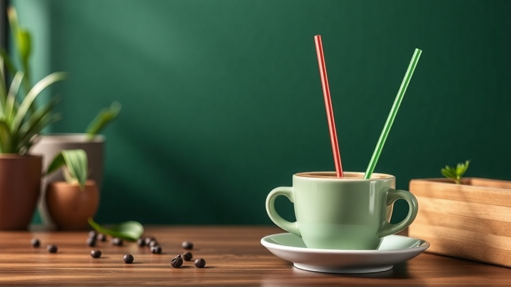 Green cup with straws on wooden table