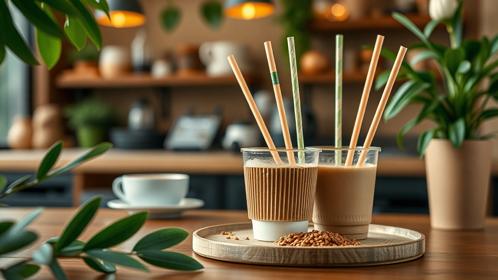 Iced coffee drinks with eco-friendly straws on table.