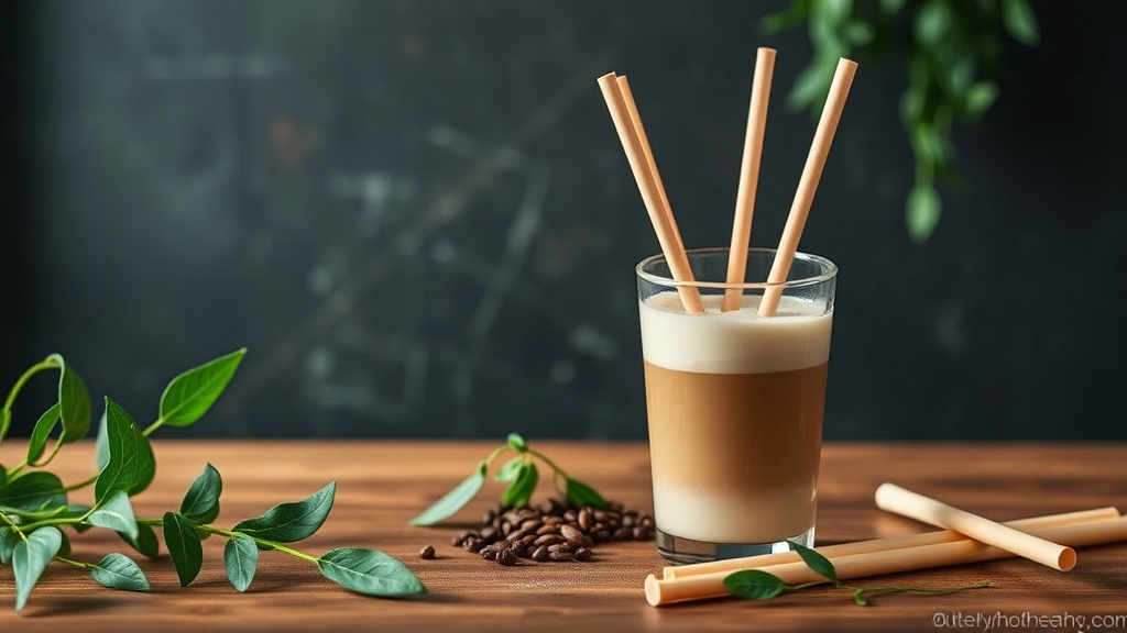 Iced latte with eco-friendly straws and coffee beans.