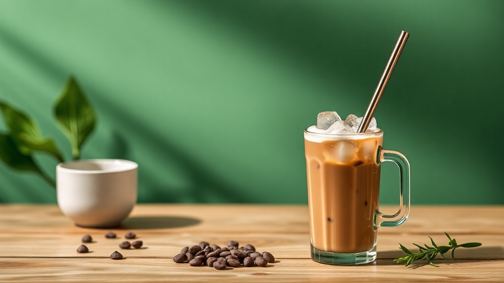 Iced coffee in glass with metal straw on table