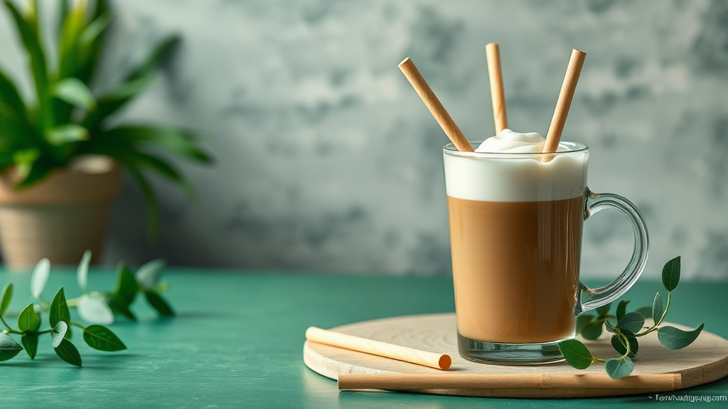 Café con leche cremoso con pajitas de papel y vegetación