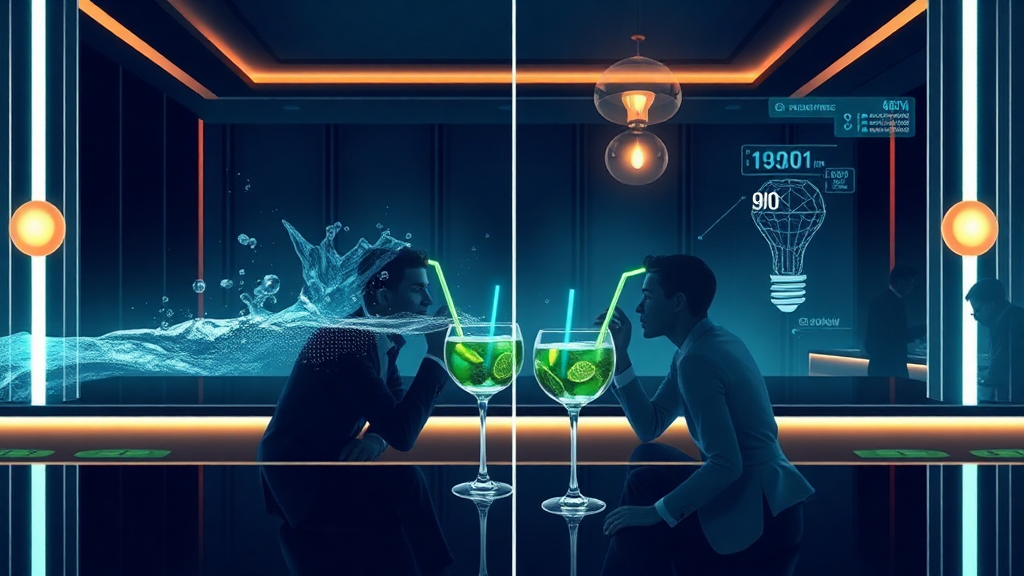 Futuristic bar with neon lights and cocktails.