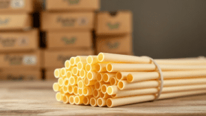 Biodegradable wheat straws stacked on wooden table