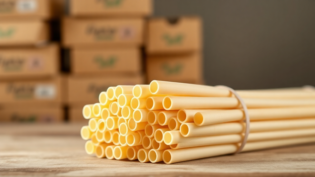 Biodegradable wheat straws stacked on wooden table