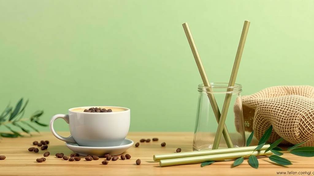 Coffee cup with beans, eco-friendly straws, green background.