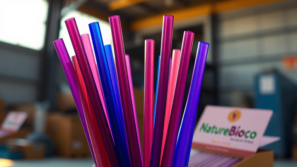 Colorful biodegradable straws in warehouse