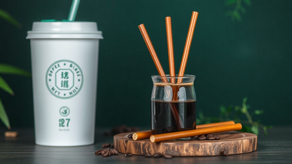 Coffee with bamboo straws and cup beside.