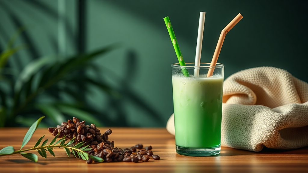 Iced green drink with three colorful straws