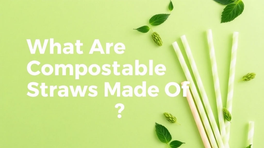 Compostable straws and leaves on green background.