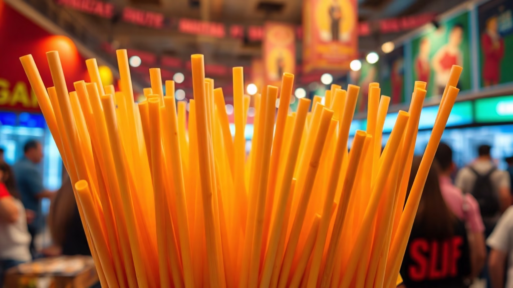 Colorful straws displayed at a busy market stall.