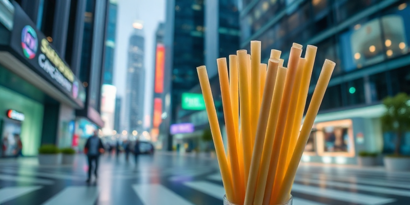 A futuristic smart city scene with Eco-friendly sugarcane biodegradable straws wholesale