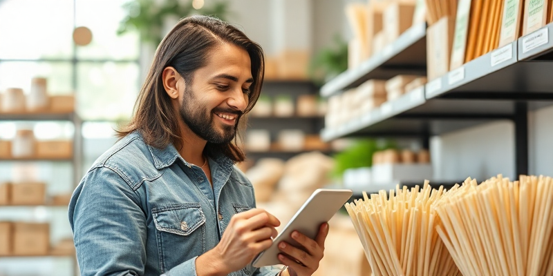 A customer reviewing Eco-friendly sugarcane biodegradable straws wholesale products in a bright store