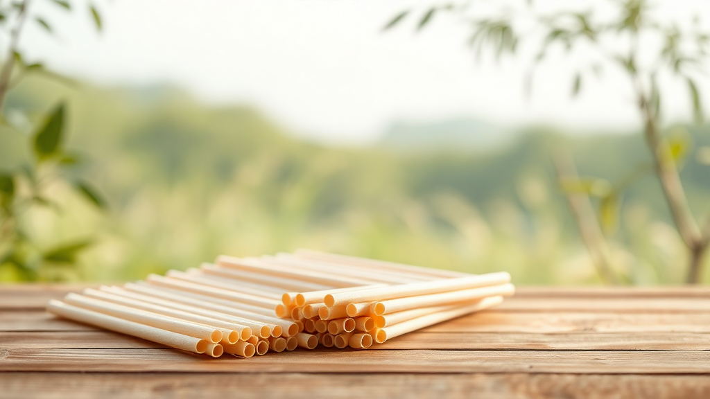 A tranquil natural setting with Eco-friendly sugarcane biodegradable straws wholesale on a wooden table