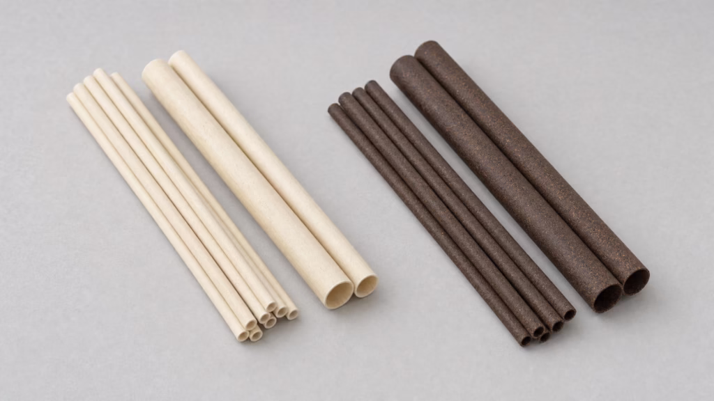 Sugarcane fibre straws and coffee-ground straws side by side
