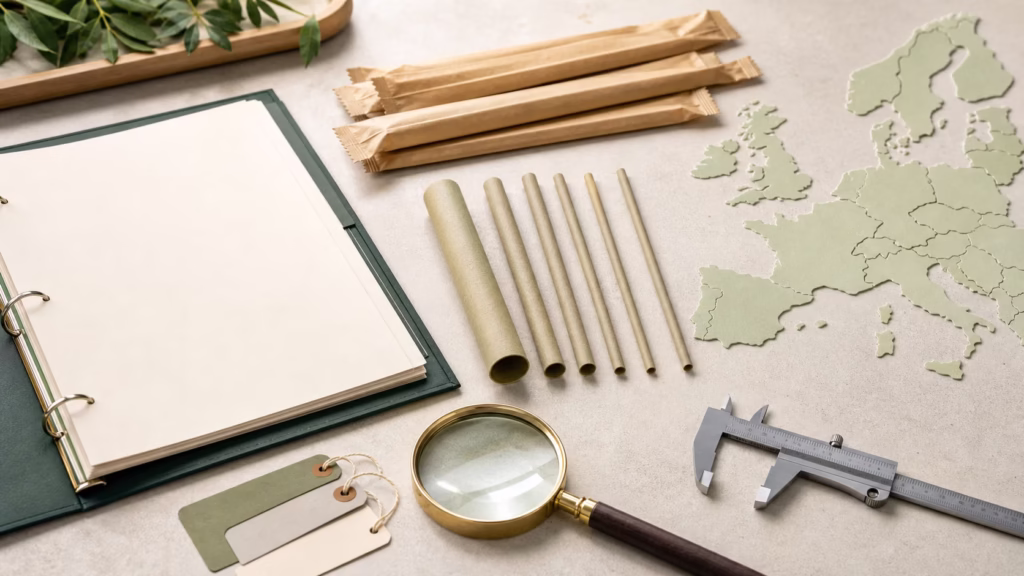 Plant-based drinking straws, blank compliance folder and Europe map at an importer review desk