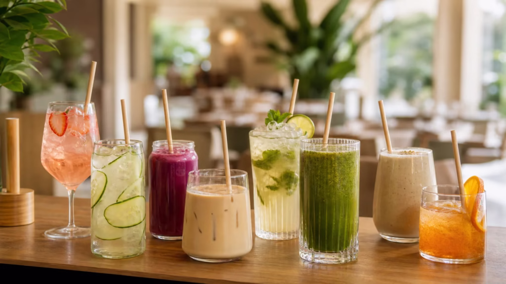 Unbranded plant-based straws used across restaurant drinks