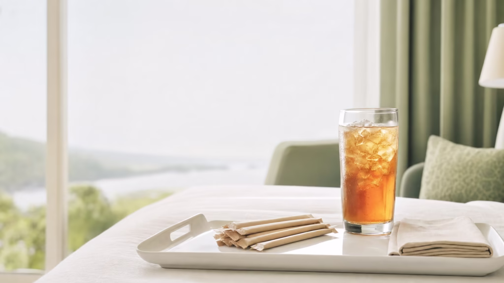 Hotel room service tray with individually wrapped plant-based straws