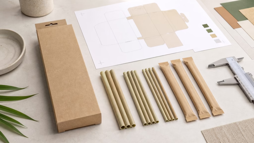 Unbranded plant-based straws, blank wrappers and packaging proof for a custom specification