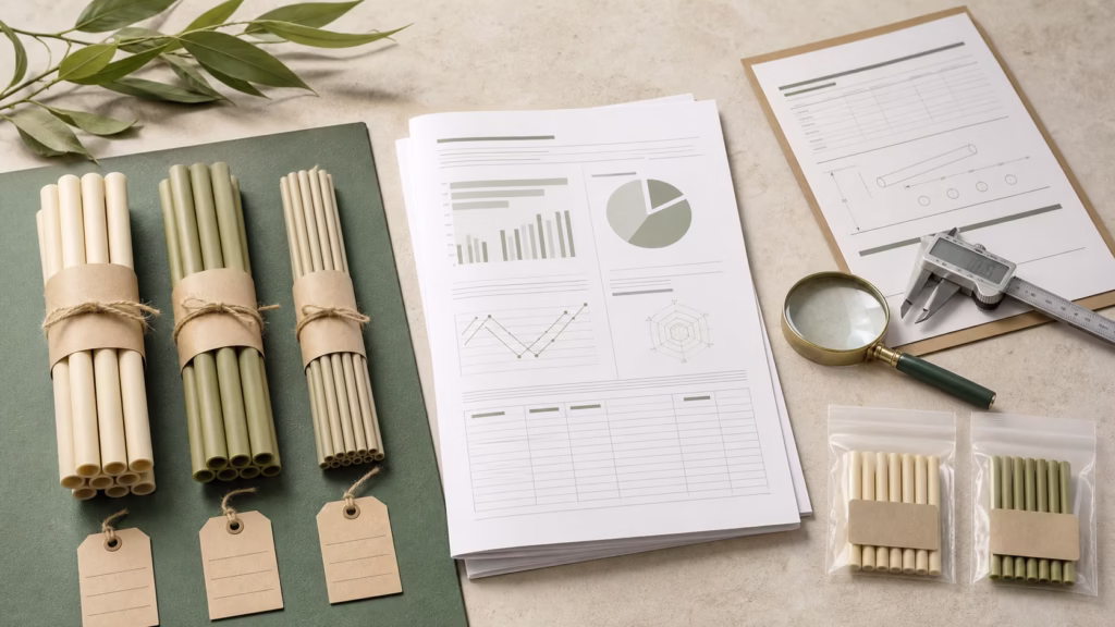 Plant-based drinking straws matched with a blank laboratory report, sample tags and specification